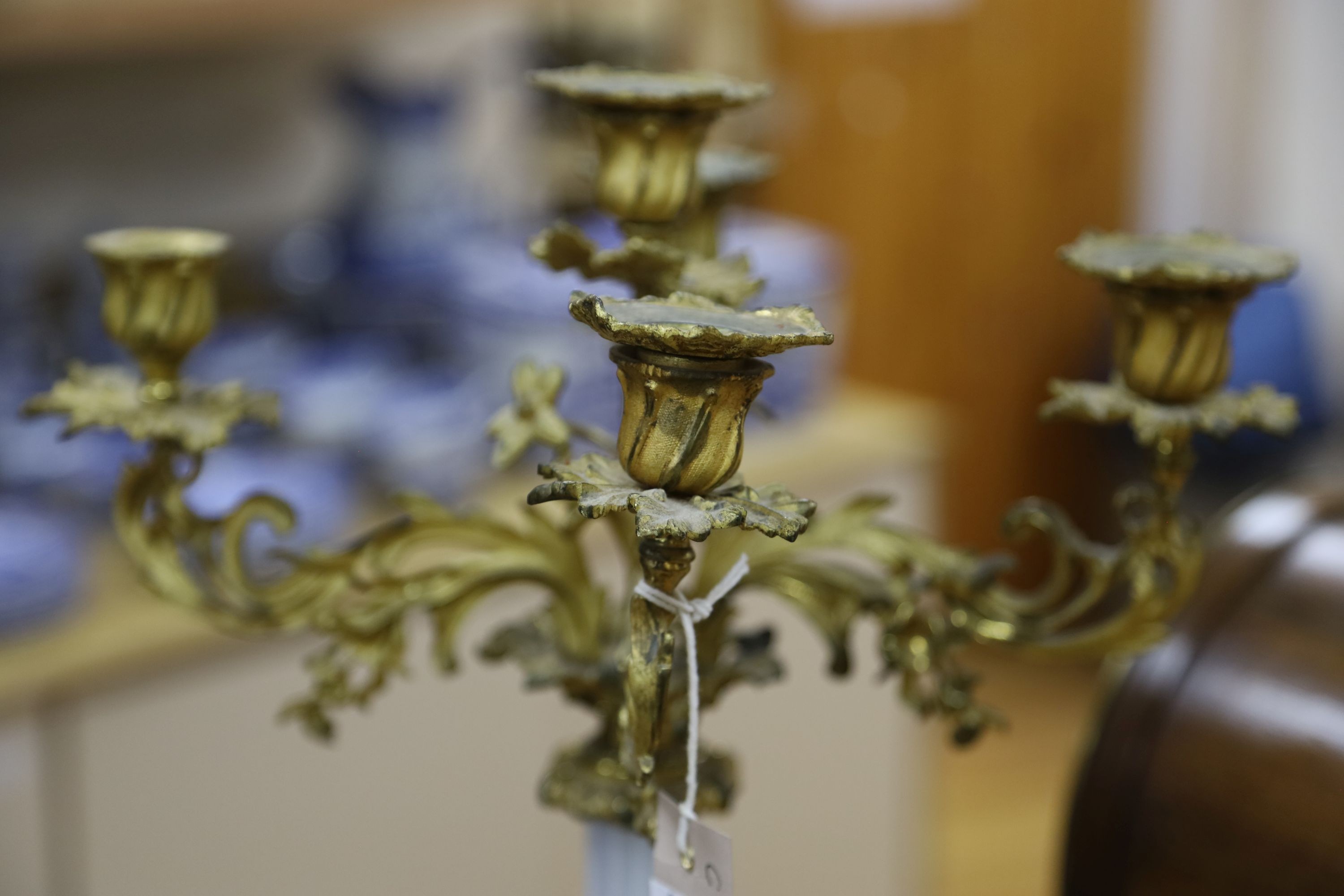 A 19th century ormolu and opaline glass five light candelabrum 63cm